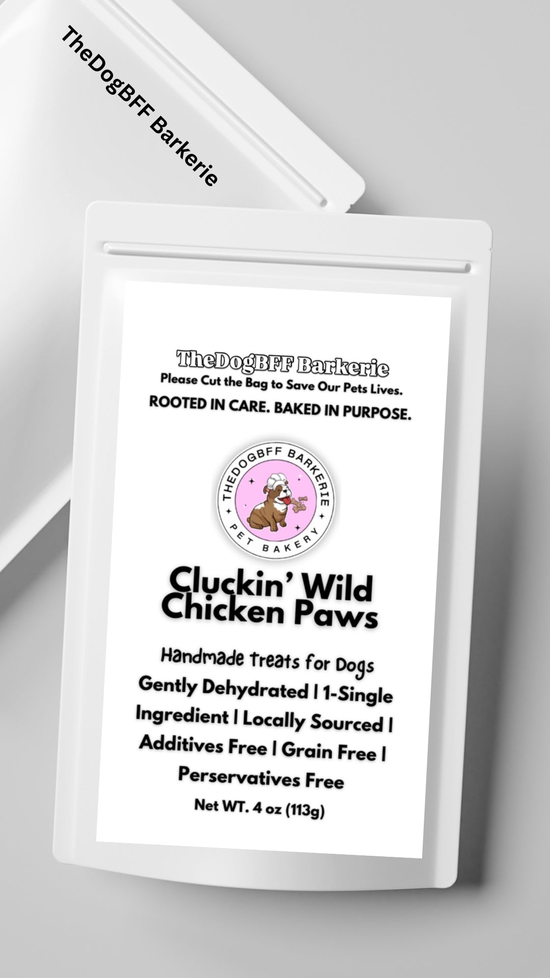 A white resealable treat pouch for dogs shown at an angle on a light gray background. The front label reads 'TheDogBFF Barkerie' and 'Cluckin' Wild Chicken Paws,' with a circular dog logo in the center.